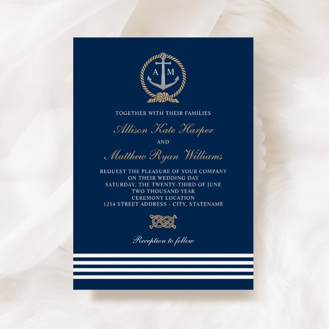Nautical Navy Tan Anchor Stripes Wedding Monogram Invitation (Creator Uploaded)