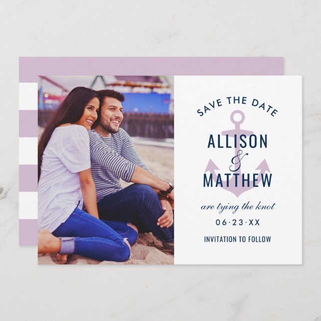 Nautical Navy Violet Purple Anchor Wedding Photo Save The Date (Front/Back)