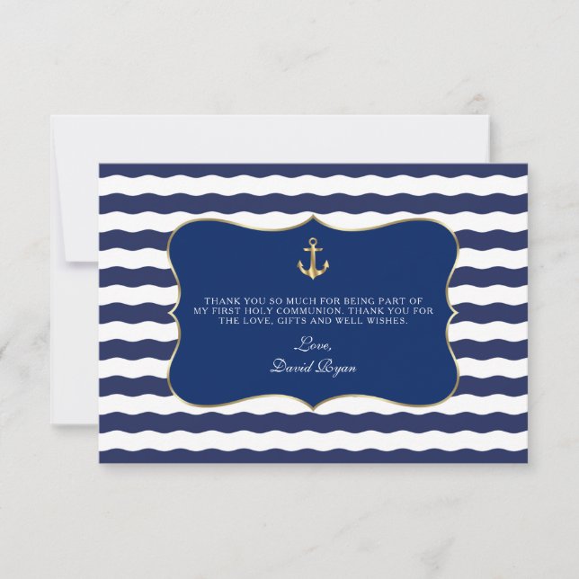 Nautical Navy Waves Anchor Boy Holy Communion Thank You Card (Front)