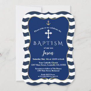 Nautical Navy Waves Anchor Gold Boy Baptism Invitation
