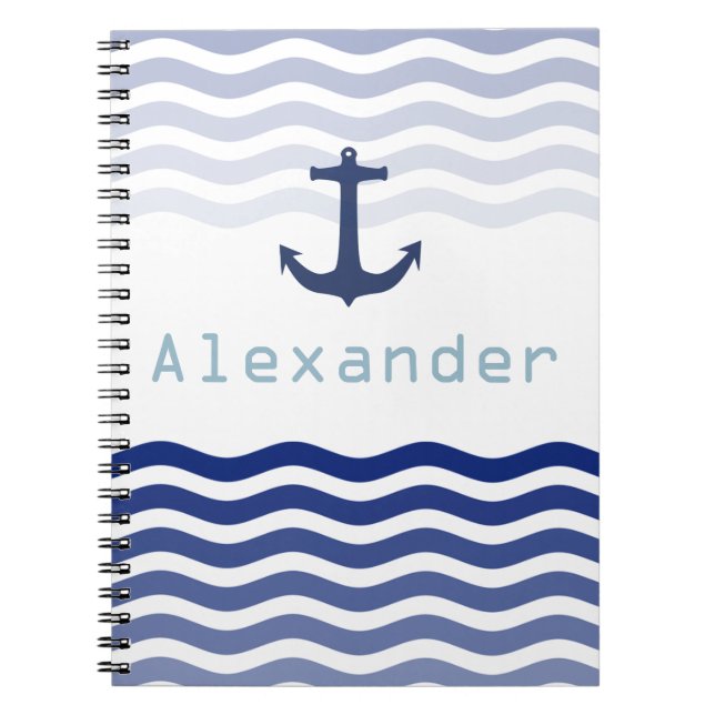 Nautical Navy Waves and Anchor Personalised Name Notebook (Front)