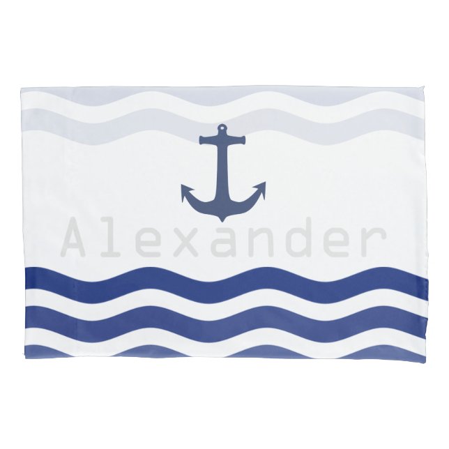 Nautical Navy Waves and Anchor Personalised Name Pillowcase (Front)