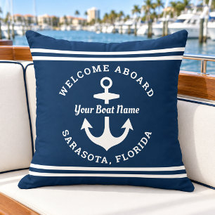 Nautical Navy Welcome Aboard Boat Name Cushion