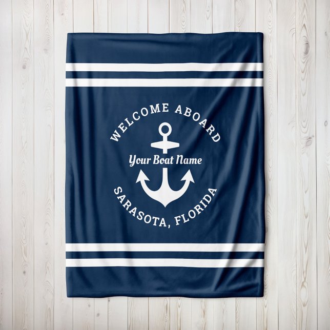 Nautical Navy Welcome Aboard Boat Name Fleece Blanket (Creator Uploaded)