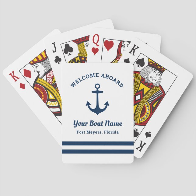 Nautical Navy Welcome Aboard Boat Name Playing Cards (Back)