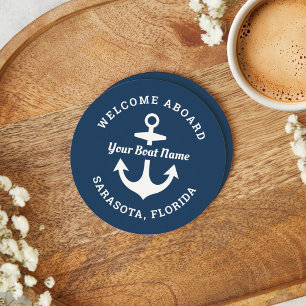 Nautical Navy Welcome Aboard Boat Name Round Paper Coaster