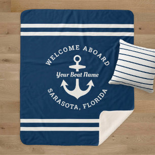 Nautical Navy Welcome Aboard Boat Name Sherpa Blanket