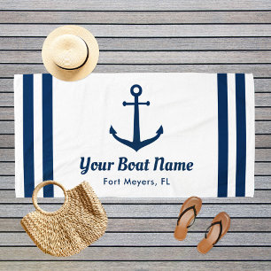 Nautical Navy White Anchor Boat Name Beach Towel