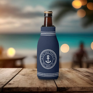 Nautical Navy & White Anchor Boat Name Bottle Cooler