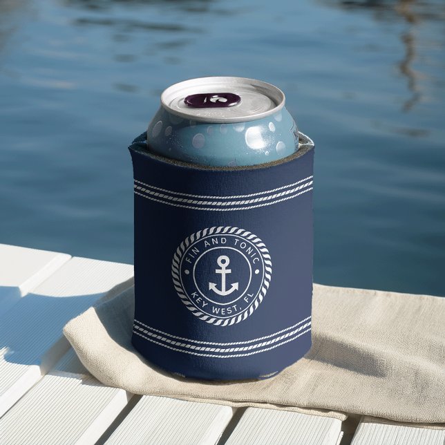Nautical Navy & White Anchor Boat Name Can Cooler (Creator Uploaded)
