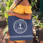 Nautical Navy & White Anchor Boat Name Tote Bag<br><div class="desc">Tote your gear to the marina with this awesome custom tote bag that you can easily customise with your boat name! Nautical design features a navy blue background with your boat's name and ship's registry in white lettering inside a rope badge with an anchor in the centre. Rope stripe detailing...</div>