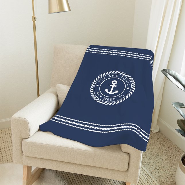 Nautical Navy & White Anchor | Custom Boat Name Fleece Blanket (Creator Uploaded)