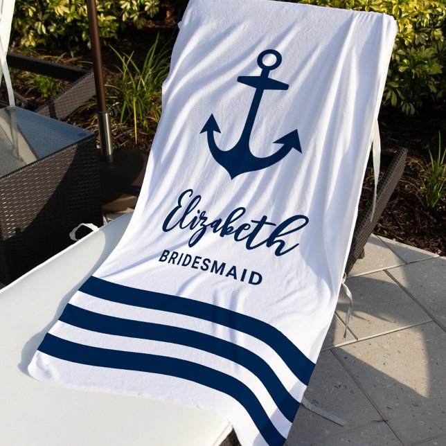 Nautical Navy White Anchor Custom Bridesmaid Name Beach Towel (Creator Uploaded)