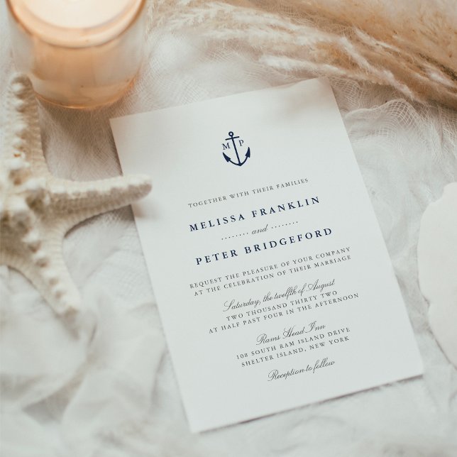 Nautical Navy & White Anchor Monogram Wedding Invitation (Creator Uploaded)