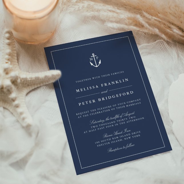 Nautical Navy & White Anchor Monogram Wedding Invitation (Creator Uploaded)