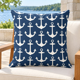 Nautical Navy White Anchor Repeat Pattern Cushion