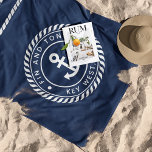 Nautical Navy & White Anchor Stripe Boat Name Beach Towel<br><div class="desc">Up your boat game with these personalised beach towels in classic nautical navy blue and white. Personalise with your boat name and ship's registry (or captain's name) in white lettering,  curved inside a rope badge with an anchor illustration in the centre and rope stripe detailing across the top.</div>