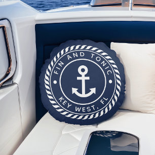 Nautical Navy & White Anchor   Your Boat Name Round Cushion