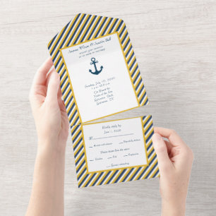 Nautical Navy White and Yellow Stripes All In One Invitation