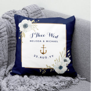 Nautical Navy & White Anemones Ring Bearer Cushion