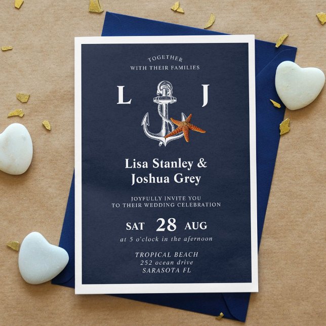 Nautical navy white elegant anchor wedding invitation (Creator Uploaded)
