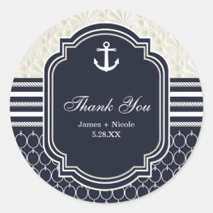 Nautical Navy & White Elegant Beach Wedding Classic Round Sticker