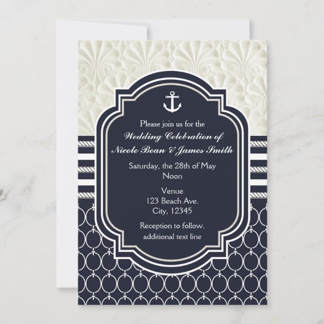 Nautical Navy & White Elegant Beach Wedding Invitation (Front)