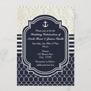Nautical Navy & White Elegant Beach Wedding Invitation
