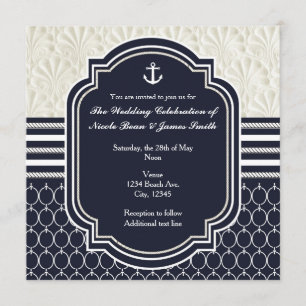 Nautical Navy & White Elegant Beach Wedding Invitation