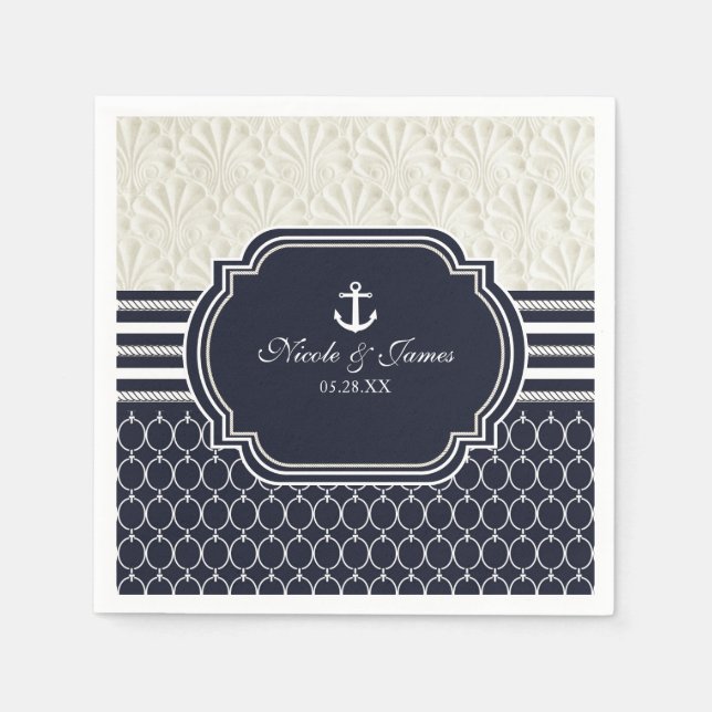 Nautical Navy & White Elegant Beach Wedding Napkin (Front)
