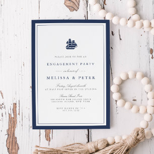 Nautical Navy & White Engagement Party Invitation