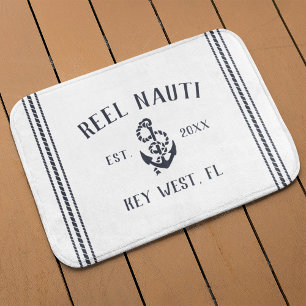 Nautical Navy & White Rustic Anchor Boat Name Bath Mat