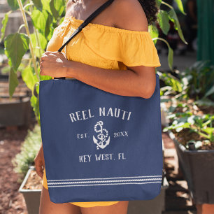 Nautical Navy & White Rustic Anchor Boat Name Tote Bag