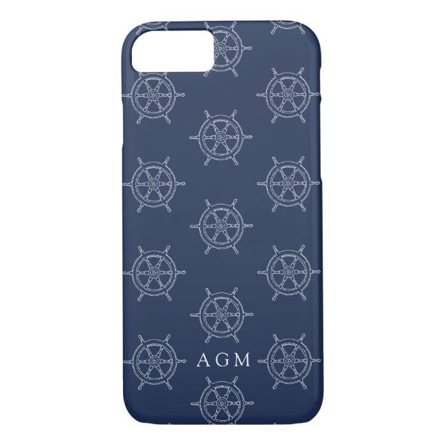 Nautical Navy & White Ships Wheel Pattern Monogram Case-Mate iPhone Case (Back)