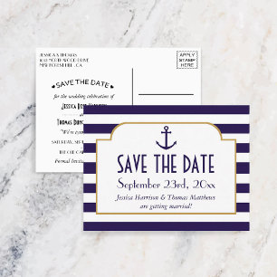 Nautical Navy & White Stripe Anchor Save The Date Announcement Postcard
