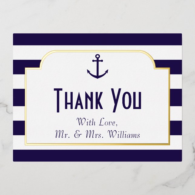 Nautical Navy & White Stripe Anchor Thank You Foil Invitation Postcard (Front)