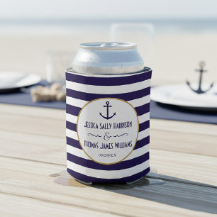 Nautical Navy & White Stripe Anchor Wedding Can Cooler