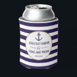 Nautical Navy & White Stripe Anchor Wedding Can Cooler<br><div class="desc">These elegant and very trendy can coolers can be personalised for your special occasion and would make the perfect party favour or keepsake for any wedding, bridal shower, engagement party, birthday party and many more special occasions. Simply use the "Edit this design template" boxes on the right hand side of...</div>