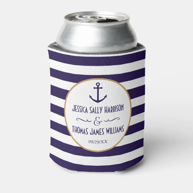 Nautical Navy & White Stripe Anchor Wedding Can Cooler (Can Back)