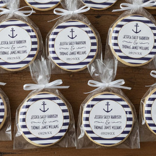 Nautical Navy & White Stripe Anchor Wedding Favour Classic Round Sticker