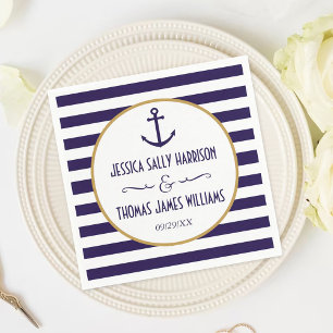 Nautical Navy & White Stripe Anchor Wedding Napkin