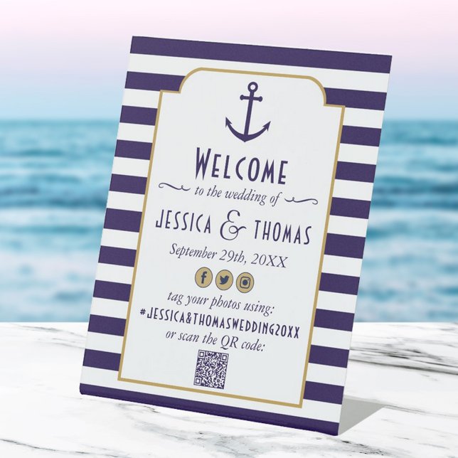 Nautical Navy & White Stripe Anchor Wedding Pedestal Sign (Creator Uploaded)