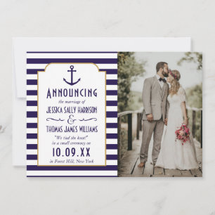 Nautical Navy & White Stripe Anchor Wedding Photo Announcement