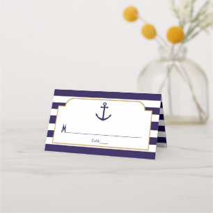 Nautical Navy & White Stripe Anchor Wedding Place Card