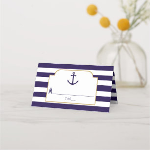 Nautical Navy & White Stripe Anchor Wedding Place Card