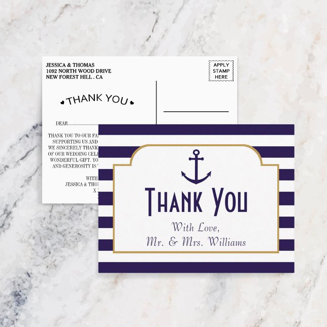 Nautical Navy & White Stripe Anchor Wedding Postcard (Creator Uploaded)