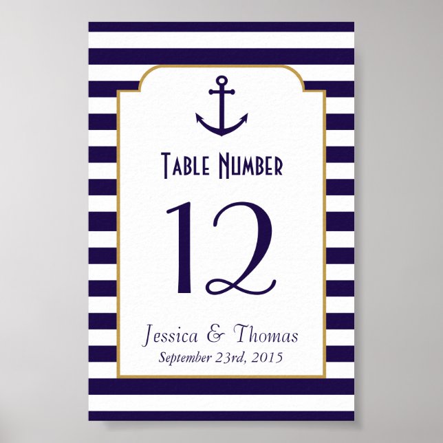 Nautical Navy & White Stripe Anchor Wedding Poster (Front)