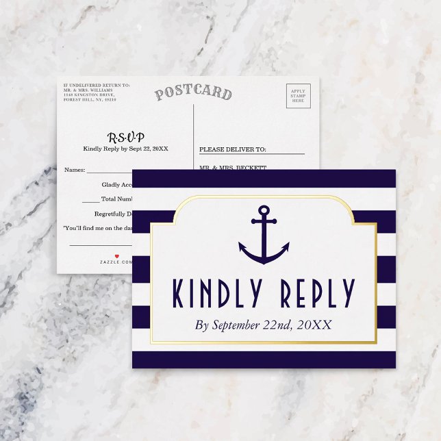 Nautical Navy & White Stripe Anchor Wedding RSVP Foil Invitation Postcard (Creator Uploaded)