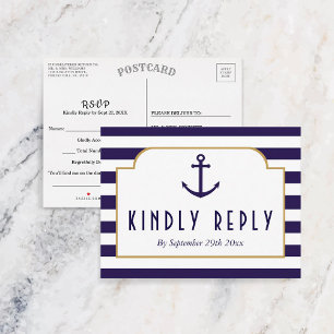 Nautical Navy & White Stripe Anchor Wedding RSVP Invitation Postcard