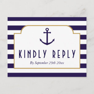 Nautical Navy & White Stripe Anchor Wedding RSVP Invitation Postcard